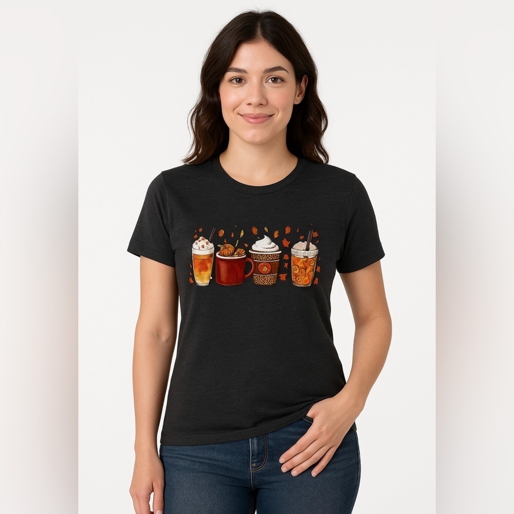 Fall Drinks Graphic Tee– Cozy Pumpkin Spice Latte Shirt Size S Gray NWOT